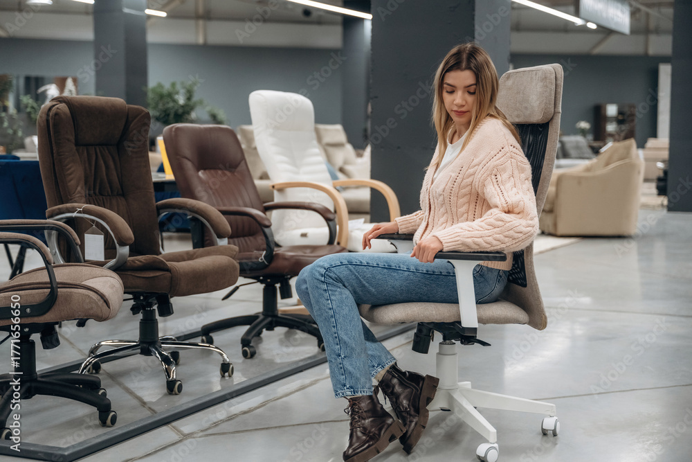Obraz premium Woman Trying an Ergonomic Chair at a Furniture Store