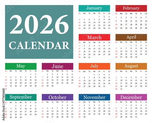 2026 calendar grid with monthly blocks. Calendar dates planning. 2026 yearly calendar vector design