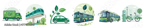 The image features illustrations of various eco-friendly transportation options, including buses, trams, and bicycles, emphasizing sustainability.