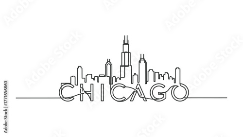 Chicago Skyline Art: A minimalist illustration of Chicago's iconic skyline. The continuous line art gracefully depicts the city's architectural essence.