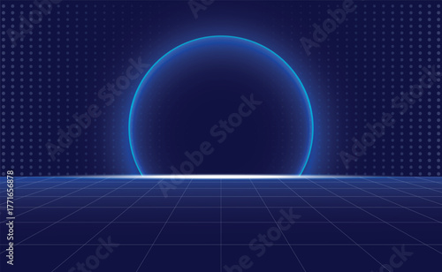Futuristic Neon Grid Background: Abstract Sci-Fi Stage with a Glowing Blue Circle, Ideal for Technology, Virtual Reality, and Cyberpunk Design.