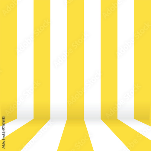 Bright Yellow and White Striped Background: 3D Studio Room Backdrop with Vertical Lines for Product Display, Fun Events, or Retro Design Concept.