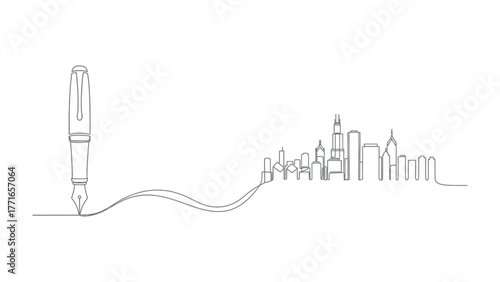 The City in Ink: A pen drawing a skyline, the stroke of the pen shaping the city's unique silhouette, a testament to design and creativity.