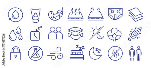 Diaper features editable stroke outline icons set isolated on white background flat vector illustration. Pixel perfect. 64 x 64.