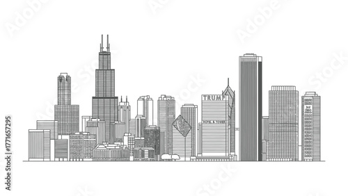 Urban Silhouette: An evocative monochromatic line drawing captures the captivating skyline, showcasing architectural marvels of the city.