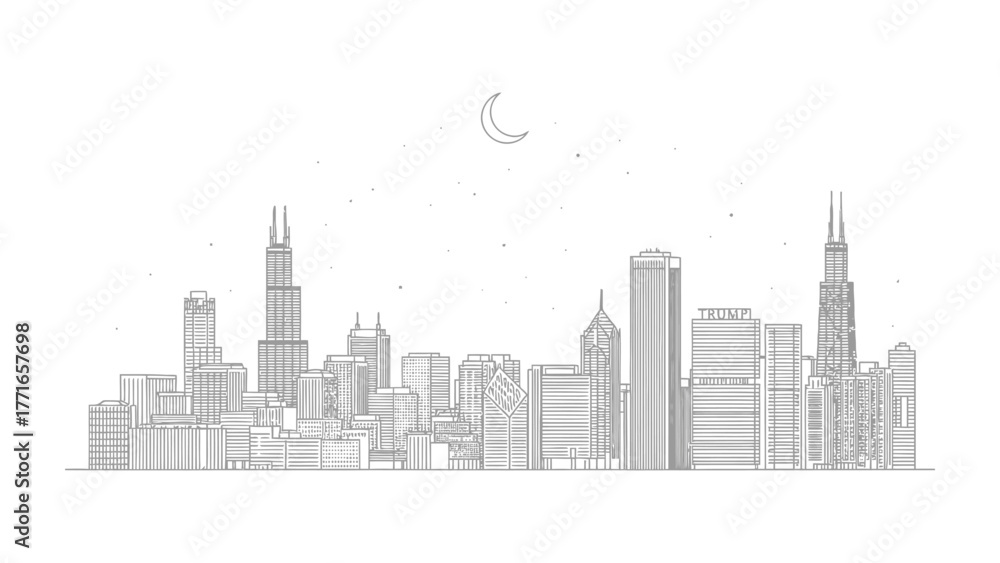 Obraz premium Cityscape Silhouette under Moonlight: A stylized silhouette of a modern cityscape unfolds against the night sky, illuminated by the gentle glow of the moon.