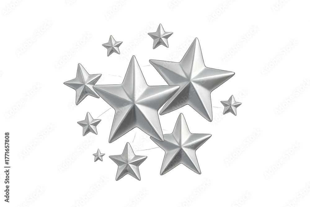 Fototapeta premium Shiny silver 3d stars symbolizing achievement, top-notch quality, and top marks. Set against a clear background