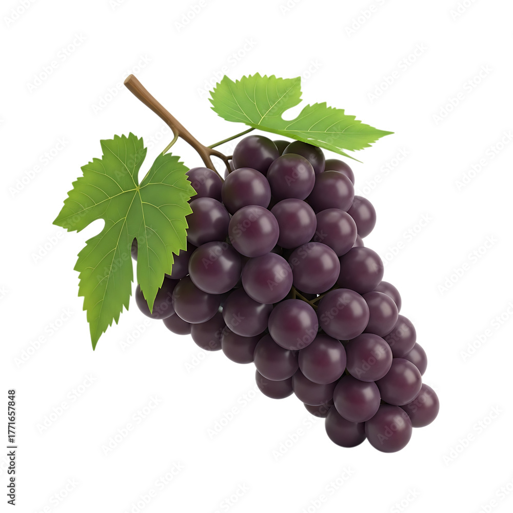 Fototapeta premium Ripe dark purple grapes, with green leaves on a vine, isolated on white or transparent background. PNG