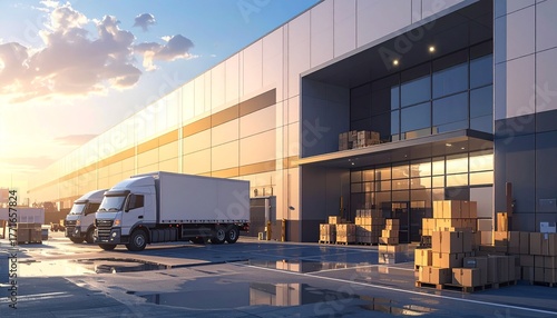 Modern distribution center with delivery trucks ready for shipping worldwide at sunrise