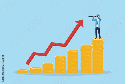 Businessman with telescope on stack of coins looking at upward trend arrow illustrating financial growth