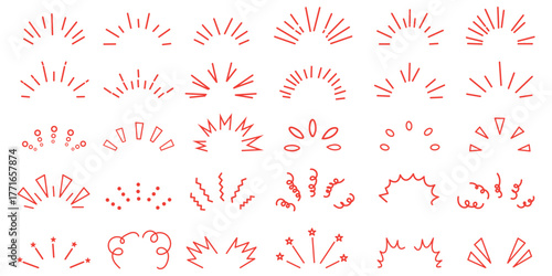 Line icon ray, confetti element set. Starburst line art with hand drawn glitter spark, pop icon shapes and surprise emphasis elements. vector set