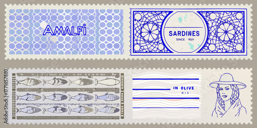 Collection of vintage style postage stamps featuring amalfi coast sardines and a woman in a hat
