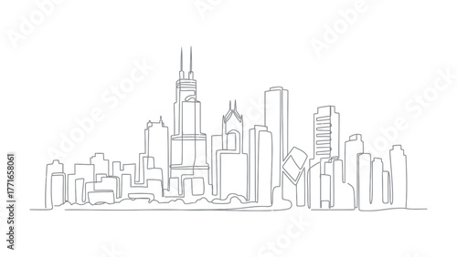 Urban Silhouette: A minimalist line drawing captures the essence of a modern cityscape, showcasing a skyline against a clean backdrop, evoking the energy and complexity of urban life.