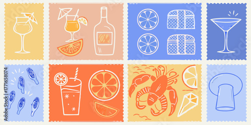 Whimsical hand drawn stamp collection featuring cocktails fruits seafood and abstract elements
