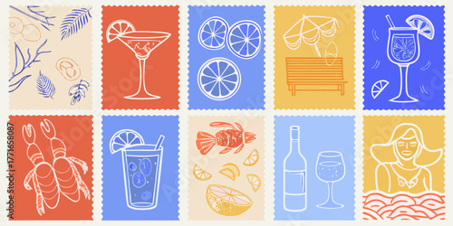 Collection of stylized summer icons depicting cocktails seafood fruits and beach scenes in a postage stamp format