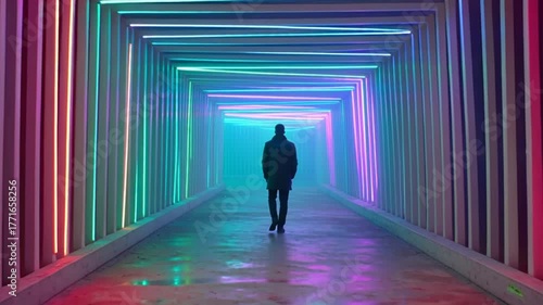 Man walking through a futuristic tunnel with colorful neon lights
