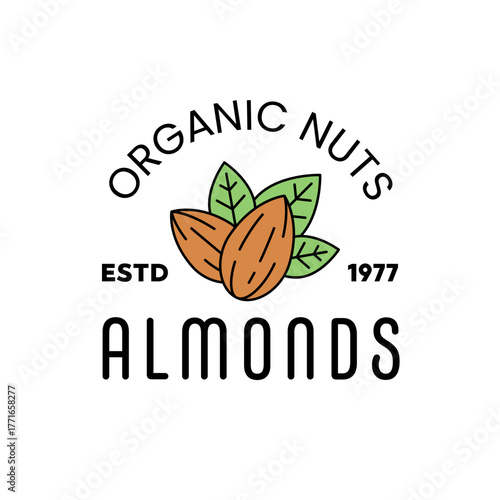 Organic Nuts Almond Badge with Green Botanical Leaves