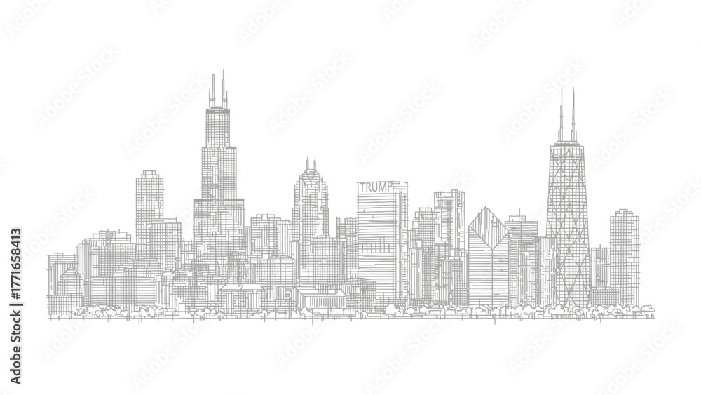 Naklejka premium Chicago Skyline: An elegant sketch depicts the majestic Chicago skyline. This is a city that is celebrated for its stunning architecture. The image presents a panoramic view of the iconic skyscrapers.