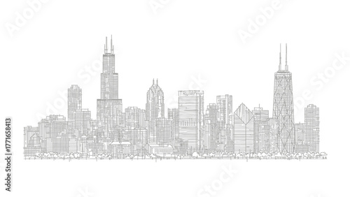Chicago Skyline: An elegant sketch depicts the majestic Chicago skyline. This is a city that is celebrated for its stunning architecture. The image presents a panoramic view of the iconic skyscrapers.