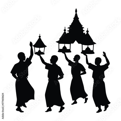 Monks with Lanterns Silhouette Walking to Temple Gate Vector