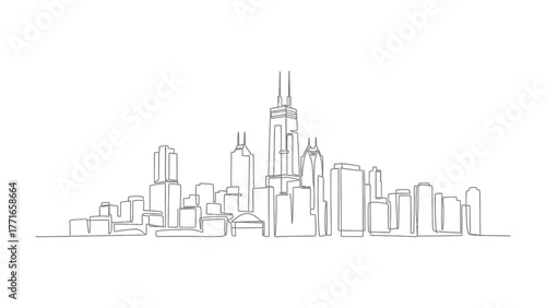 City Skyline Outline: A minimalist line drawing captures the essence of a city's towering structures. Depicting a modern urban landscape in a simple, elegant style, with bold, clean lines. 