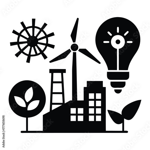 Renewable Energy Silhouette with Wind Turbines and Tech Icons