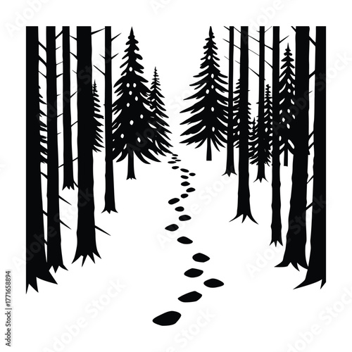 Snowy Forest Pathway with Footprints Tranquil Silhouette