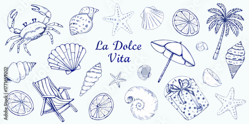 La dolce vita beach themed illustration with seashells crab palm tree and citrus slices
