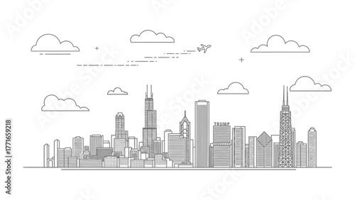 Chicago Skyline Vector Art: A minimalist vector illustration of the iconic Chicago skyline, with intricate line details capturing the city's unique architectural essence.