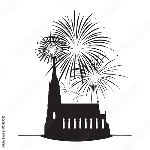 Majestic Gothic Church Silhouette Illuminated by Vibrant Fireworks in Night Sky Celebration.