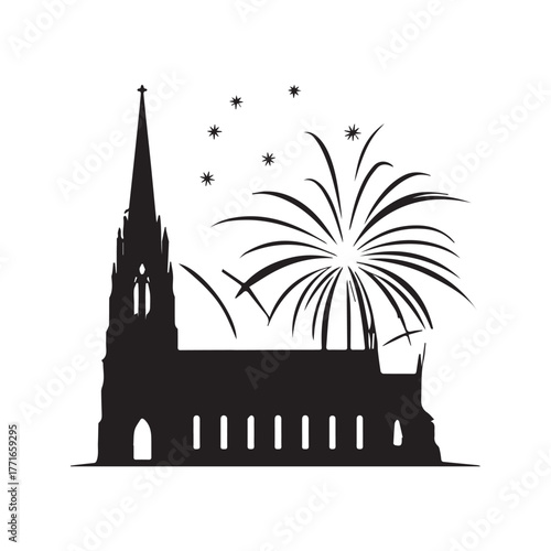 Majestic Gothic Church Silhouette Illuminated by Vibrant Fireworks in Night Sky Celebration.