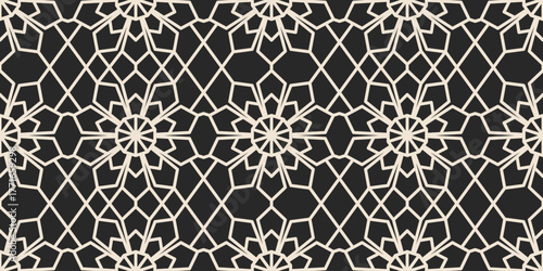 Seamless Islamic Geometric Pattern Vector. Modern Arabic Mosaic Star Tile Background. Black and White Islamic Ornament Seamless Repeat.