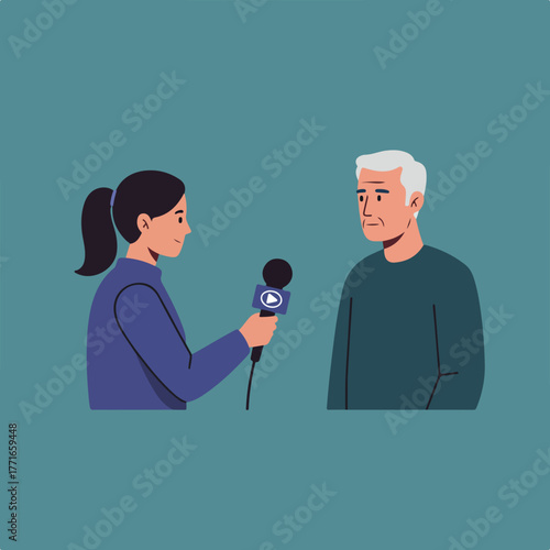 A woman interviewing an older man with white hair, holding a microphone. Flat illustration