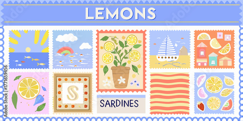 Collection of charming illustrated stamps featuring lemons sardines and seaside scenes with a playful whimsical style