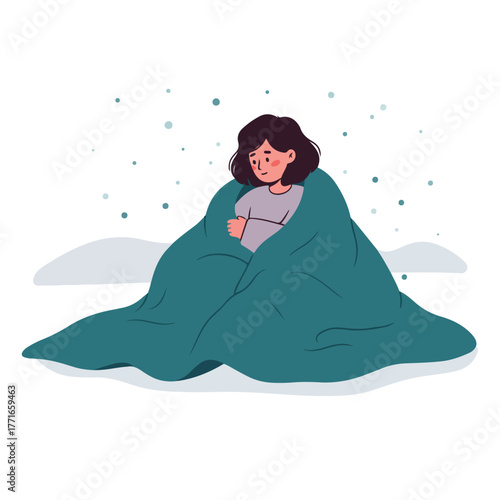 A cartoon woman wrapped in a blanket in a snowy scene, symbolizing warmth and comfort