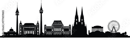 Global architectural skyline silhouette, black and white vector illustration, iconic landmarks from multiple cities, cultural heritage buildings, classical and modern structures