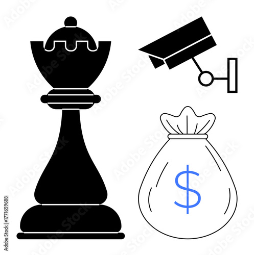 Chess king, surveillance camera, and money bag with dollar sign. Ideal for strategy, finance, security, planning, business success leadership corporate focus. Simple flat metaphor