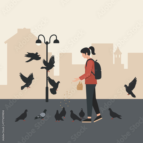 An illustrated depiction of a person feeding pigeons in an urban environment with simple, flat graphics