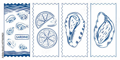 Hand drawn blue ink illustrations of sardines and lemon slices on white background
