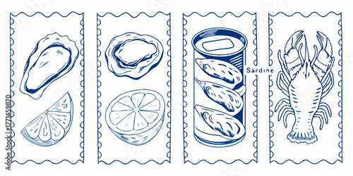 Hand drawn sketch of seafood and citrus fruits in a decorative stamp like border design