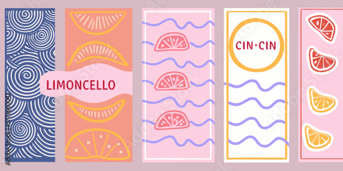 Vibrant collection of graphic illustrations featuring citrus slices and abstract patterns for a refreshing summer theme