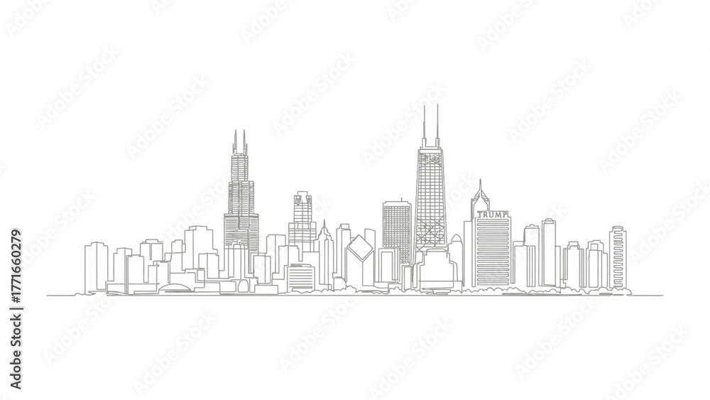 Obraz premium Urban Skyline in Detail: A modern cityscape, rendered in an minimalist monochrome, showcases a line-art representation of the metropolitan silhouette.