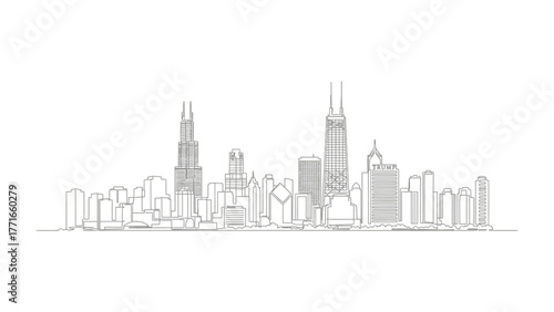 Urban Skyline in Detail: A modern cityscape, rendered in an minimalist monochrome, showcases a line-art representation of the metropolitan silhouette.
