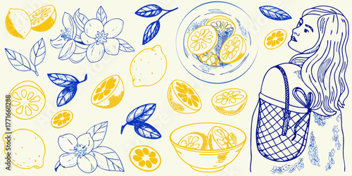 Artistic sketch of a woman with a tote bag surrounded by lemons and flowers in blue and yellow colors