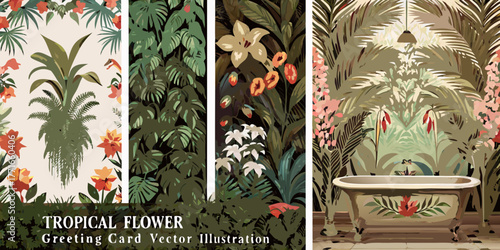 Exotic botanical illustration featuring a vintage clawfoot bathtub surrounded by lush tropical foliage and vibrant flowers
