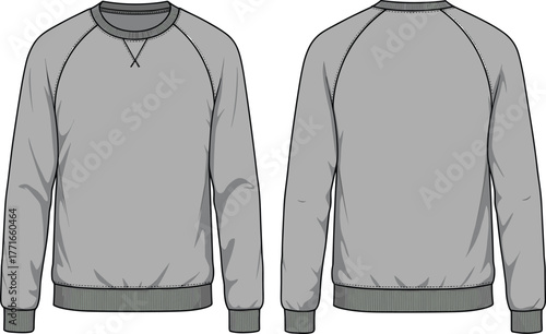 Gray crewneck sweatshirt front and back view, casual unisex pullover, raglan sleeve design, ribbed cuffs waistband neckline, fashion apparel template