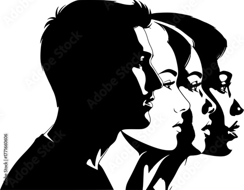 Male and female profile faces silhouettes, human faces overlay images concept
