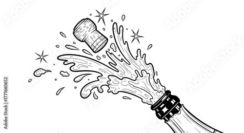 Champagne cork popping and sparkling spray celebrating New Year's Eve party with champagne and confetti  