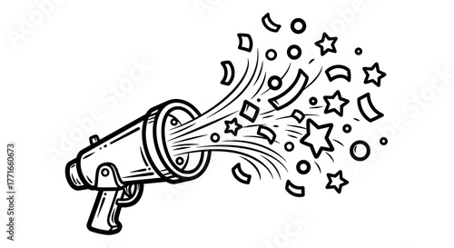 Confetti cannon bursting colorful stars and shapes for celebration  