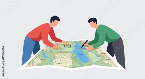 Two individuals studying a topographic map, planning a route